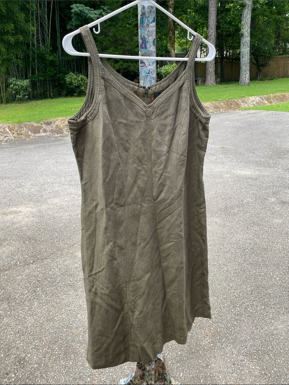 Sigrid Olsen Olive Green Sleeveless V-Neck Linen Blend Dress